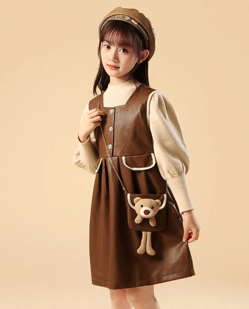 Set di abiti da gilet in pelle per bambini con camicia a maniche lunghe autunno e inverno per ragazze