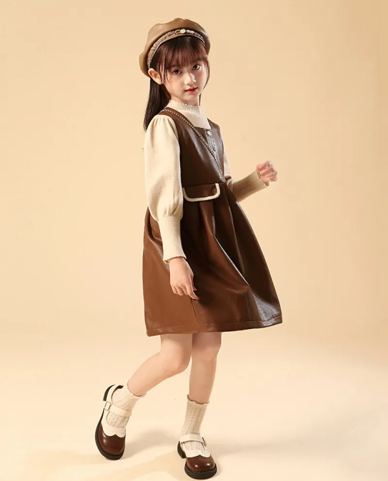 Set di abiti da gilet in pelle per bambini con camicia a maniche lunghe autunno e inverno per ragazze