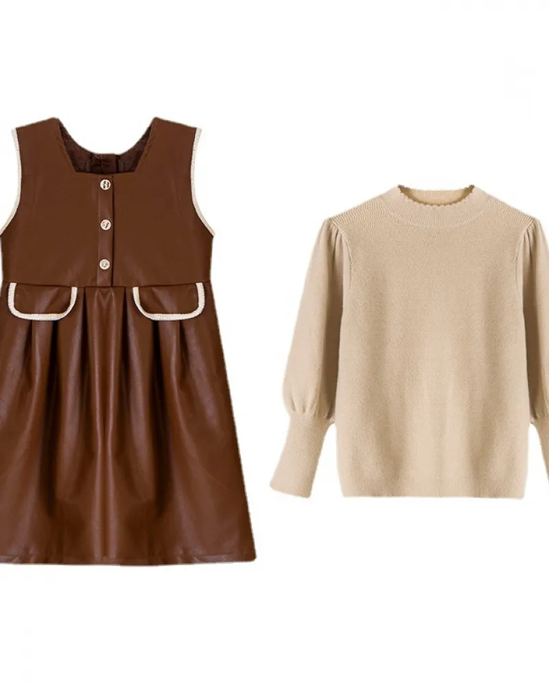 Set di abiti da gilet in pelle per bambini con camicia a maniche lunghe autunno e inverno per ragazze