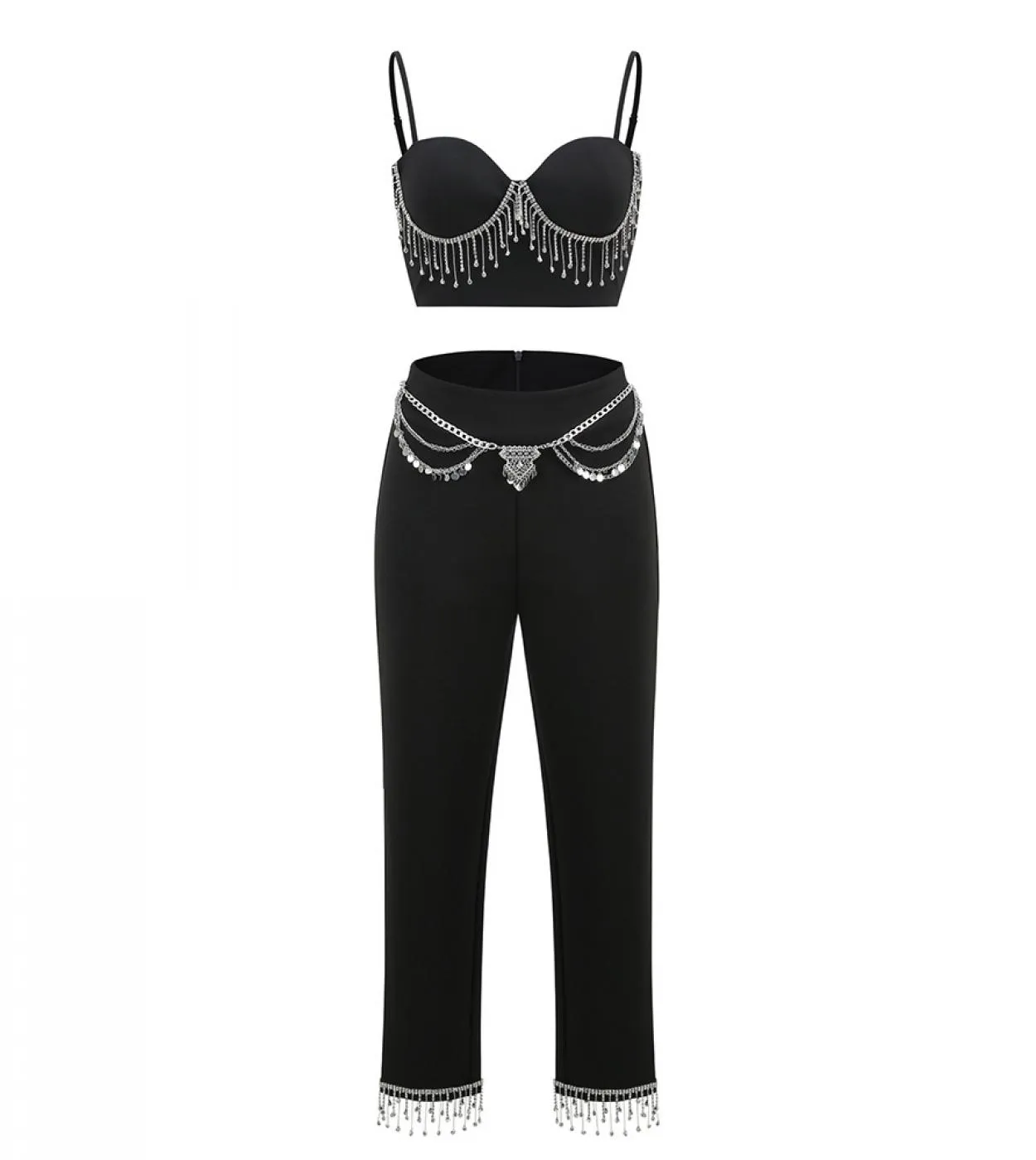 Set di pantaloni a due pezzi Abito nero 2022 Summer Women Party Club Perline Diamanti Catena Crop Top Gilet  Pantaloni al polpa