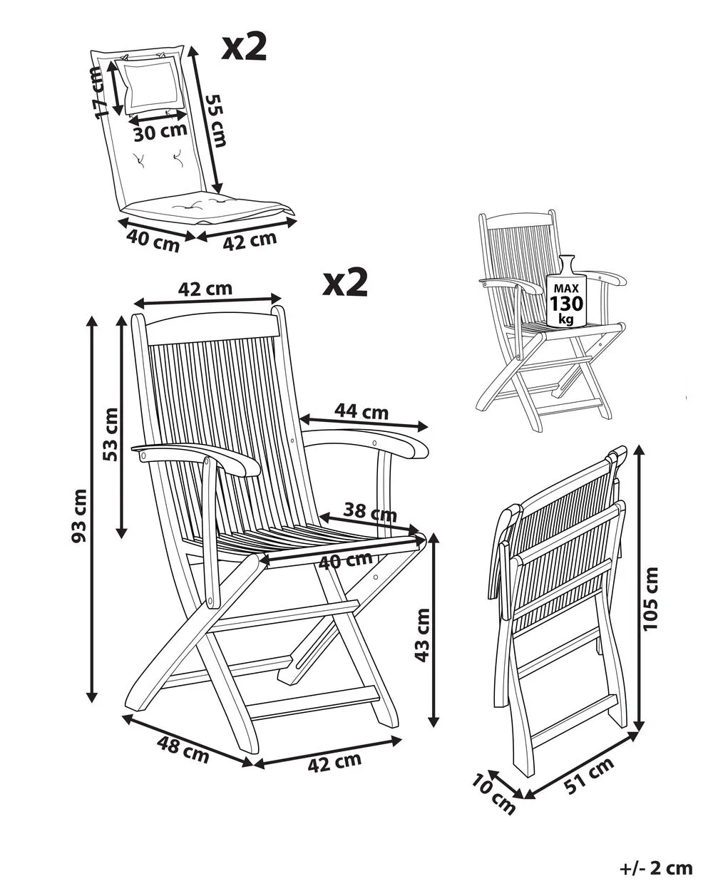 Set of 2 Garden Chairs with Cushions MAUI Acacia Wood Multicolour