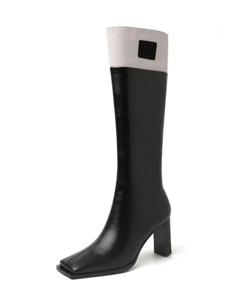 Showing Off Your Long Legs!  Black And White Color Matching Temperament Boots Square Toe Thick Heel High Heel Knight Boo