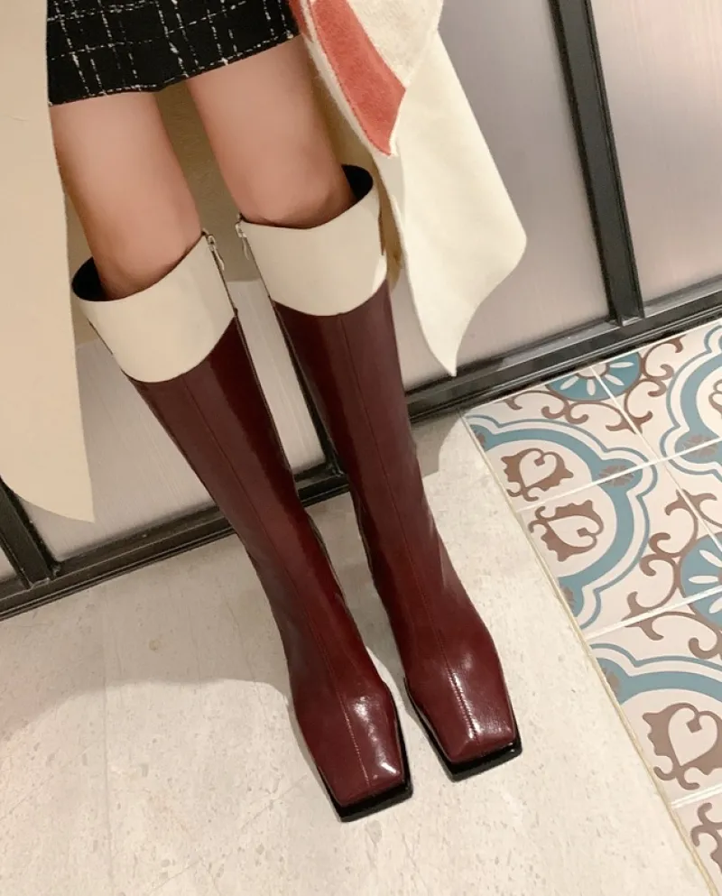 Showing Off Your Long Legs!  Black And White Color Matching Temperament Boots Square Toe Thick Heel High Heel Knight Boo