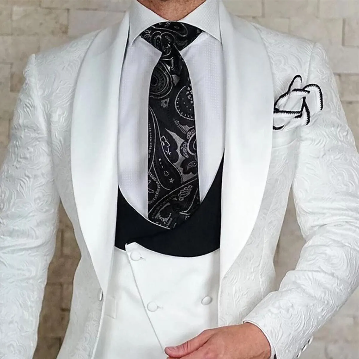 Smoking da matrimonio bianco floreale per lo sposo gilet doppiopetto slim fit in 3 pezzi con pantaloni neri Male Fashion Co