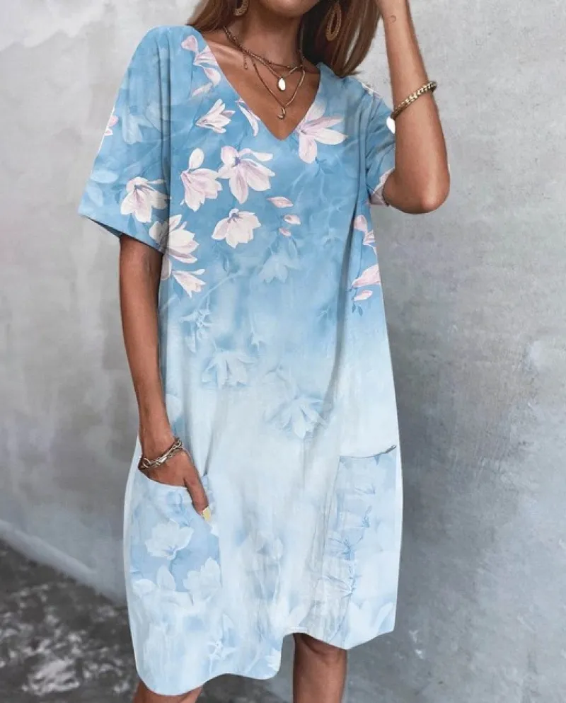 T-shirt casual da donna estiva Abiti larghi per le vacanze Abito da spiaggia Abito manica corta Swing con tasche Gilet 2022