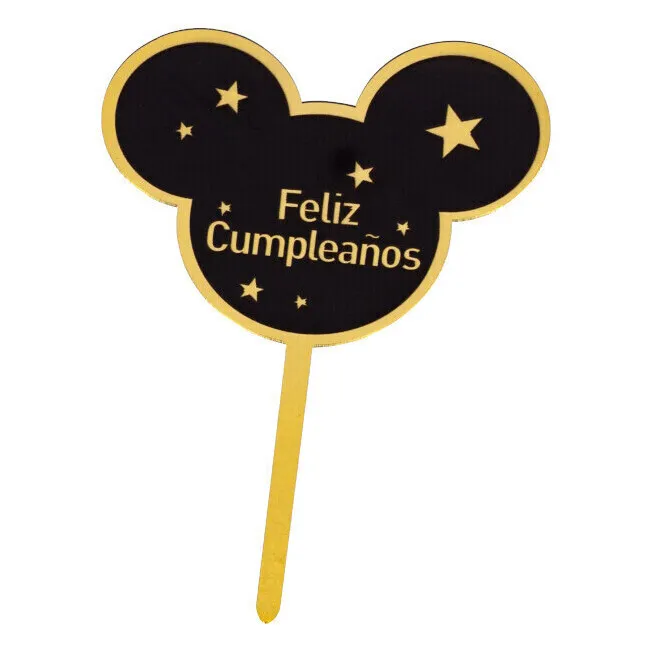 Topper Happy Birthday nero e oro con orecchie