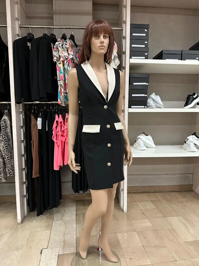 Tubino RINASCIMENTO smanicato con chiusura a bottoni centrali color Oro, inserti nel Beige, sfruttabile anche come gilet su base