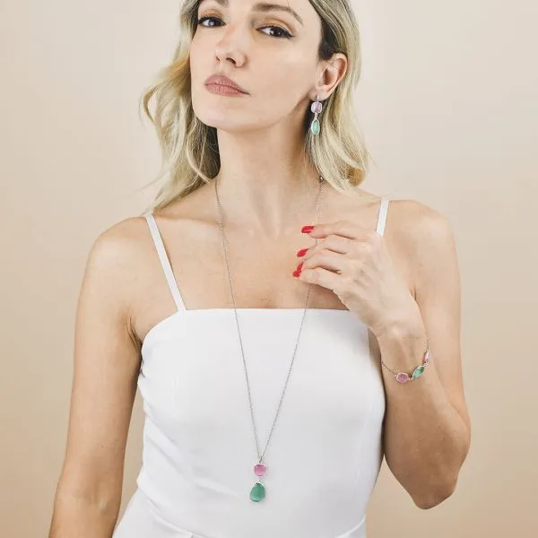 XGR716A Collana lunga rodiata con pendente quadrato e irregolare rosa baby e acquamarina con zirconi    