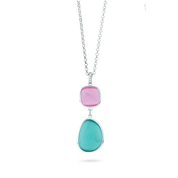 XGR716A Collana lunga rodiata con pendente quadrato e irregolare rosa baby e acquamarina con zirconi    